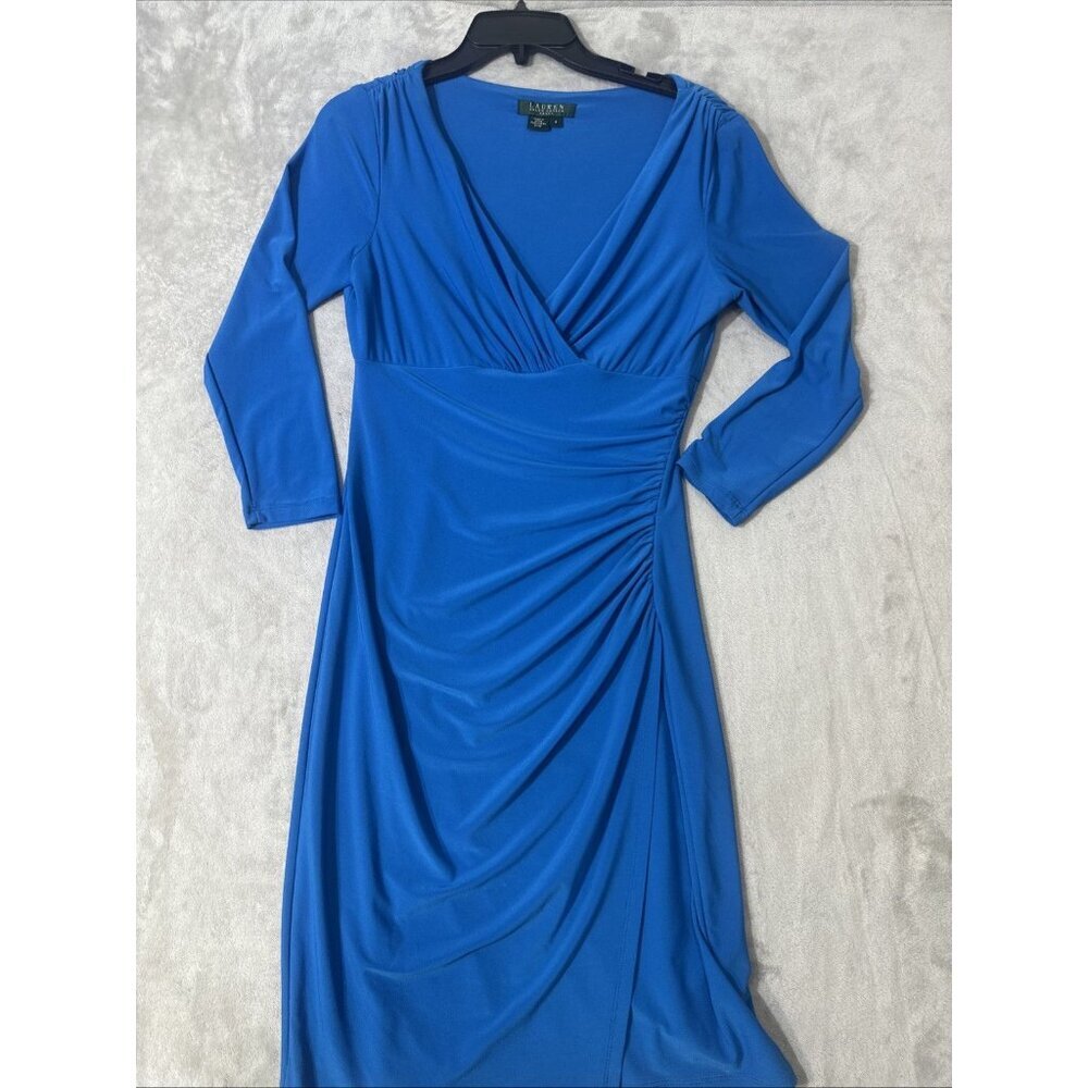 Lauren Ralph Lauren Womens Size 8 Blue Ruched Wrap Dress - Picture 2 of 8